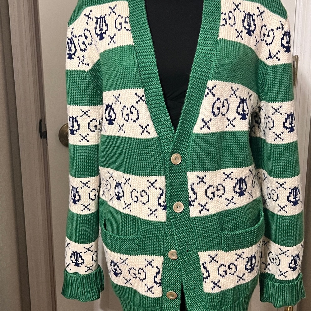 Gucci 2019 GG Lyre Green and White Mens Cardigan